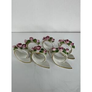 Vintage Dresden Porcelain Napkin Rings Applied Pink Roses Gold Trim Set of 6